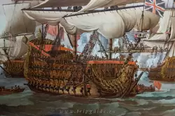 Английский корабль «Принц» («<span lang=en>Royal Prince</span>») на картине «Встреча английского корабля «Принц» и голландского корабля «Золотой лев»» Виллем ван де Велде Старший