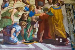 Евклид (или Архимед) с учениками на фреске «Афинская школа» Рафаэля — Станца Сигнатуры