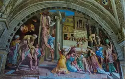 «Пожар в Борго» Рафаэль и ученики, станца Илиодора — на фреске изображено чудо, когда папа Лев IV остановил крестным знамением пожар, бушевавший в районе Трастевере