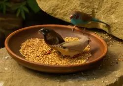 Амадины и тарелка со злаками, Птичий сад Дендрария Сочи