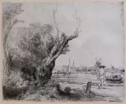«Вид на Омвал» Рембрандт ван Рейн, 1645 г. — автор создал контраст между ивой на переднем плане в тени которой укрылись любовники и небрежно прорисованной панорамой Омвала — излучины реки Амстел