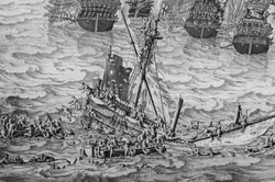 Моряки спасаются на обломках тонущего корабля на картине «Морская битва у Ньюпорта» Виллем ван де Велде Старший
