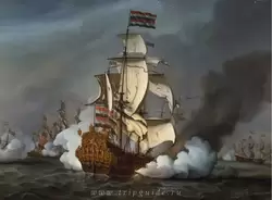 «Золотой лев» — флагманский корабль вице-адмирала Корнелиса Тромпа на картине «Сражение при Текселе (Кайкдайн) между голландским флотом и объединенным флотом Англии и Франции 21 августа 1673»