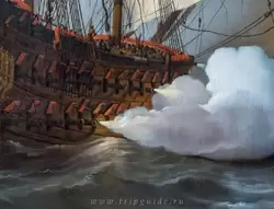 Выстрел из пушек на картине «Сражение при Текселе (Кайкдайн) между голландским флотом и объединенным флотом Англии и Франции 21 августа 1673»
