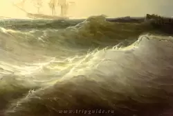 Волны на картине «Поиски человека за бортом во время похода голландских военных кораблей в Средиземное море 1 августа 1846» Луи Мейер