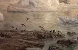 Пингвины и другие птицы на картине «Шхуна «Виллем Баренц» во время экспедиции в Арктический океан» Луи Апол (<span lang=nl>Louis Apol</span>)