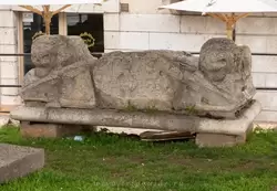 Два мраморных льва когда-то украшали античную постройку, раньше стояли на непосредственно улице, которая названа в честь львов — Виа Леони